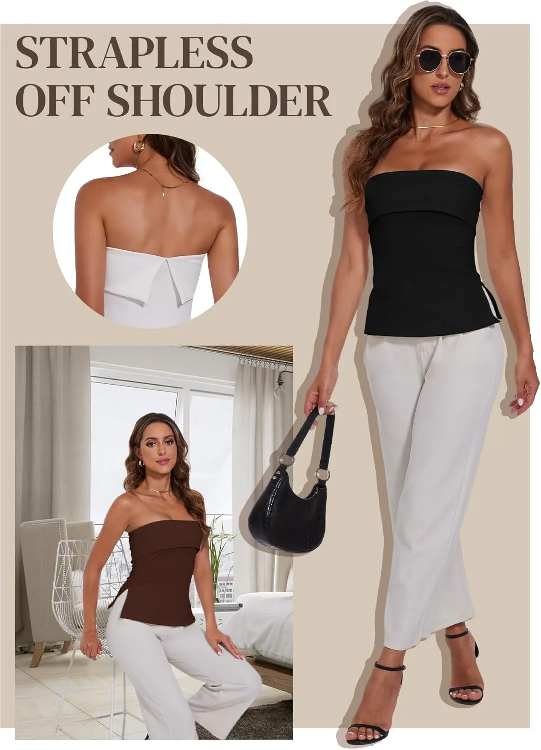 Strapless Tube Tops for Women Backless Going Out Bandeau Top Sexy Trendy Off Shoulder Side Split Summer Bustier Tops