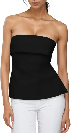 Strapless Tube Tops for Women Backless Going Out Bandeau Top Sexy Trendy Off Shoulder Side Split Summer Bustier Tops