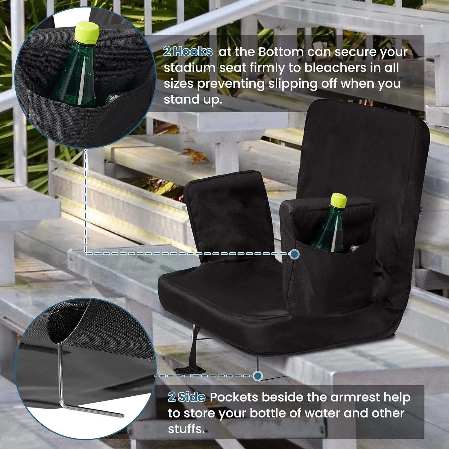 TOPSKY Stadium Seat with Back Support, Extra Wide 21.2Width (Seat 19.5), 3 Reclining Positions, Wide Bleacher Seats with 2 Hook, Picnic Seat (2pcs Black)
