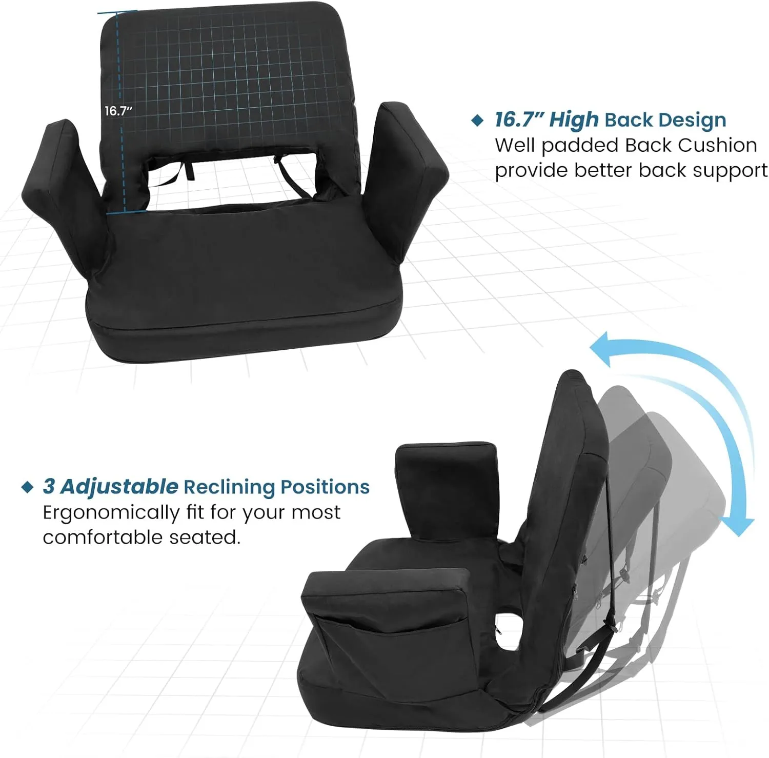 TOPSKY Stadium Seat with Back Support, Extra Wide 21.2Width (Seat 19.5), 3 Reclining Positions, Wide Bleacher Seats with 2 Hook, Picnic Seat (2pcs Black)
