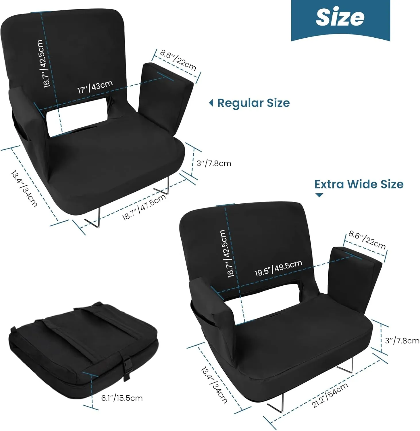 TOPSKY Stadium Seat with Back Support, Extra Wide 21.2Width (Seat 19.5), 3 Reclining Positions, Wide Bleacher Seats with 2 Hook, Picnic Seat (2pcs Black)
