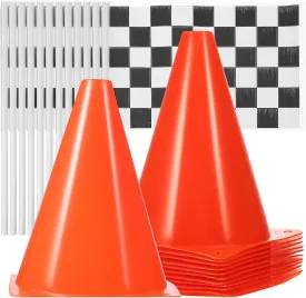 Totority 12 PCS 7 Inch Orange Cones and 12 Pcs Racing Flags, Soccer Cones Agility Field Marker Cone for Sports Training, Drills, Outdoor Activity, Construction Themed Party Decorations