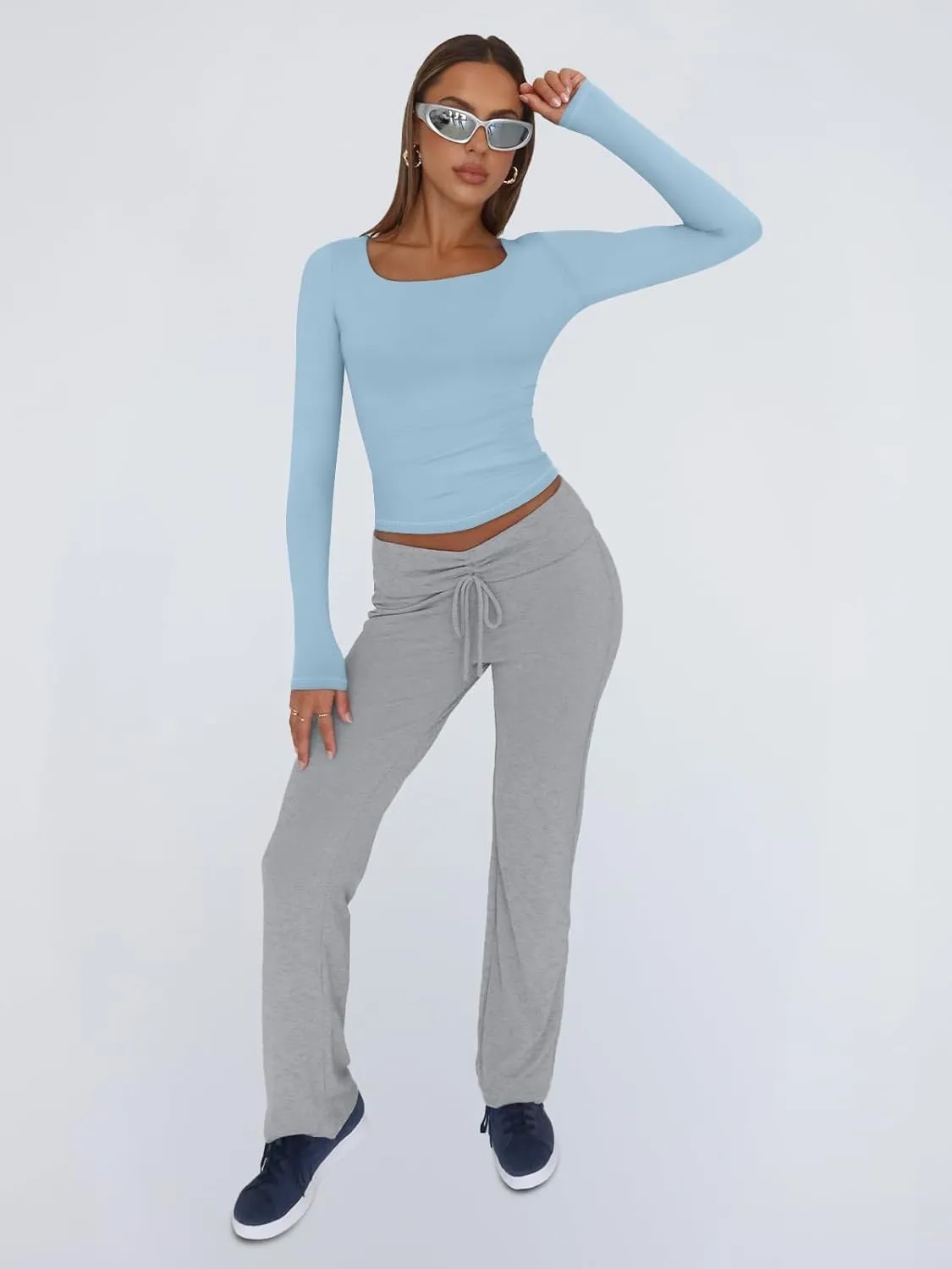Trendy Queen Womens Long Sleeve Shirts Crop Tops Square Neck Going Out Basics Tees Y2K Winter Clothes 2025