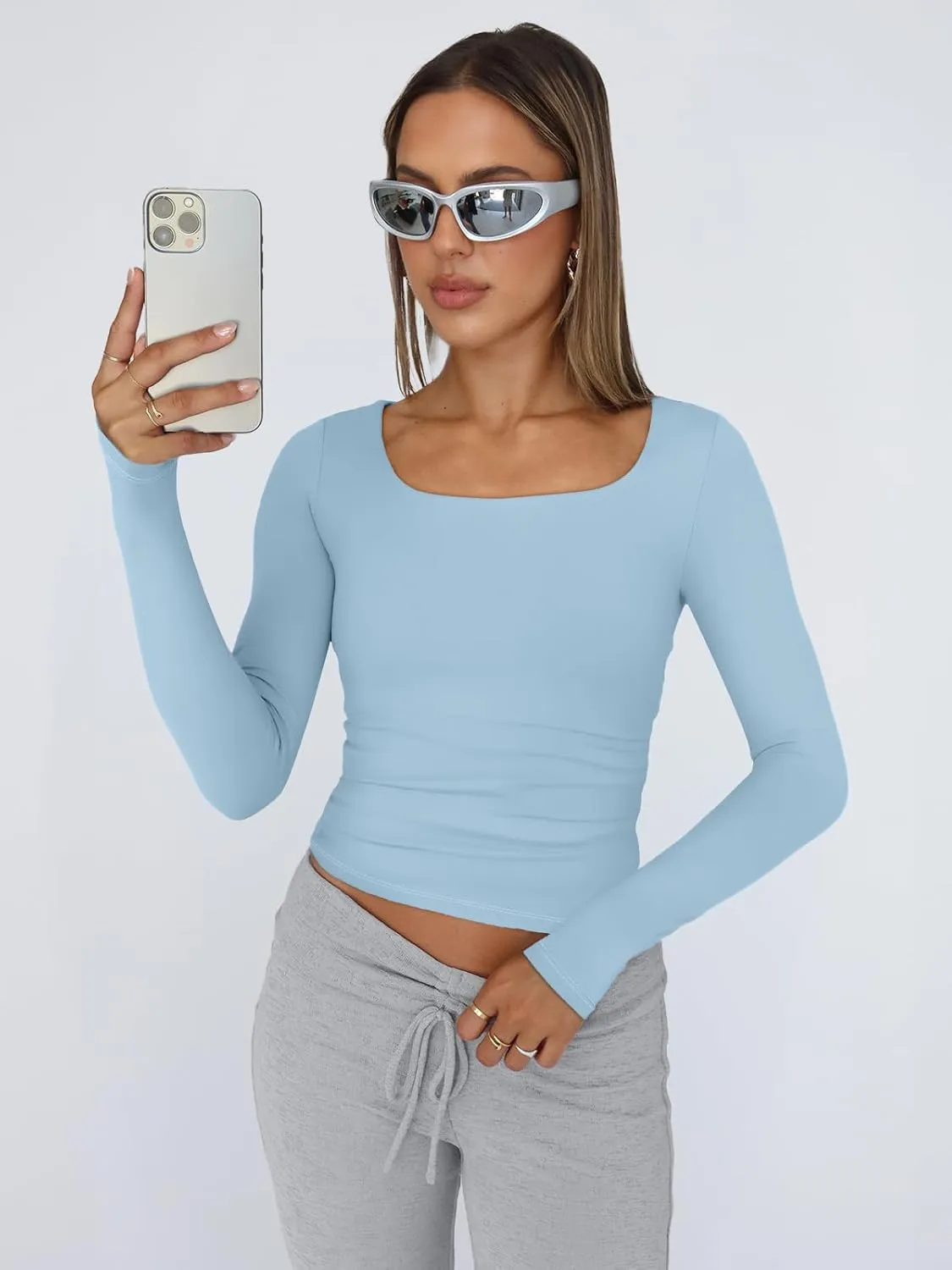 Trendy Queen Womens Long Sleeve Shirts Crop Tops Square Neck Going Out Basics Tees Y2K Winter Clothes 2025