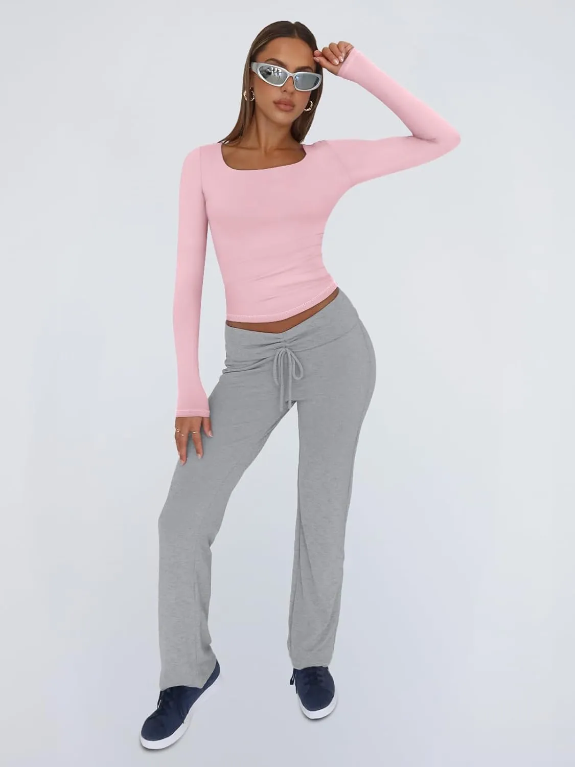 Trendy Queen Womens Long Sleeve Shirts Crop Tops Square Neck Going Out Basics Tees Y2K Winter Clothes 2025