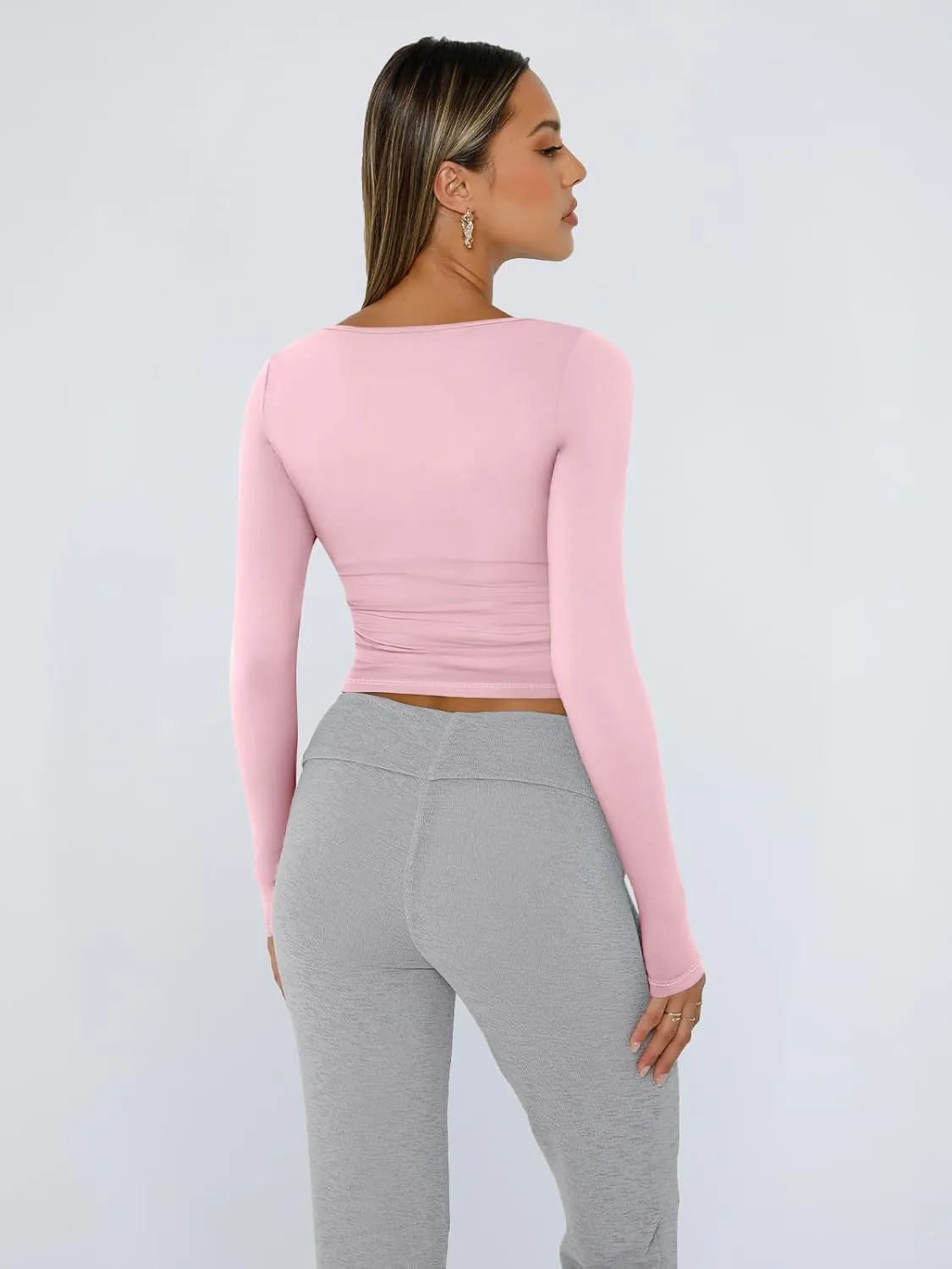 Trendy Queen Womens Long Sleeve Shirts Crop Tops Square Neck Going Out Basics Tees Y2K Winter Clothes 2025