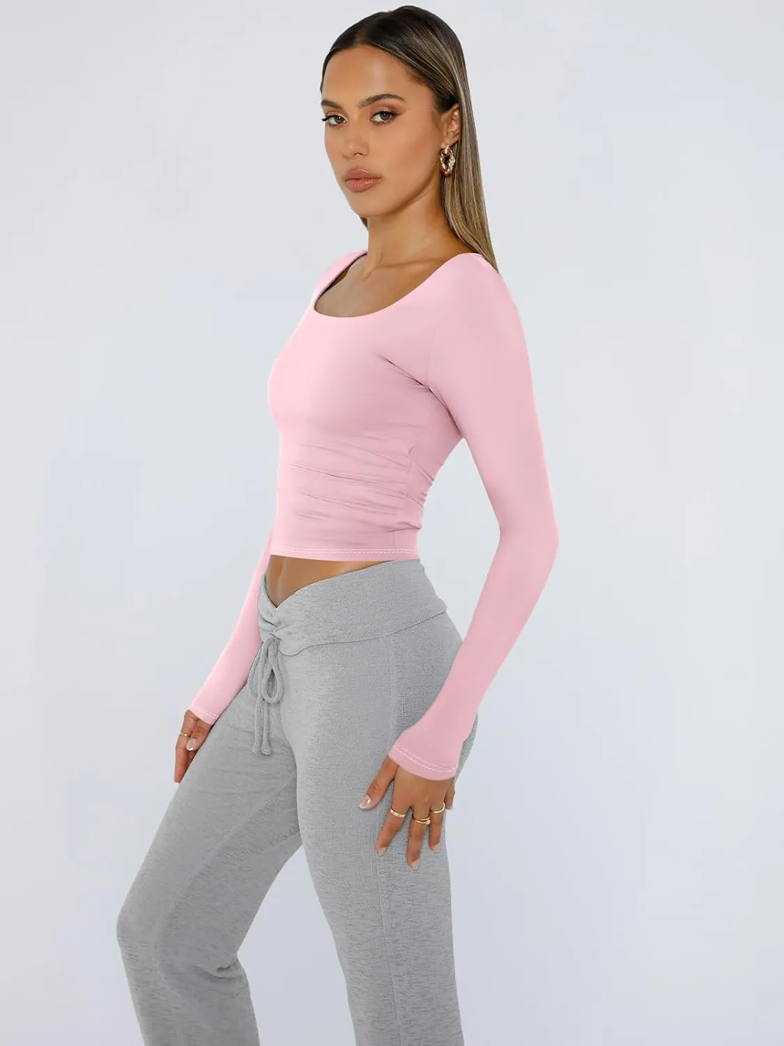 Trendy Queen Womens Long Sleeve Shirts Crop Tops Square Neck Going Out Basics Tees Y2K Winter Clothes 2025