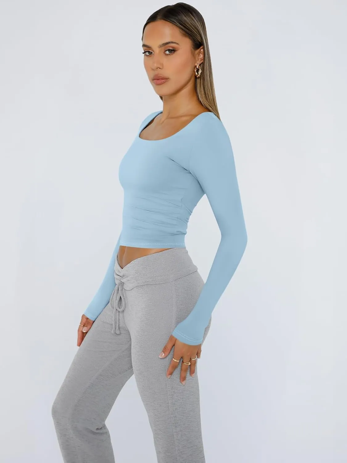 Trendy Queen Womens Long Sleeve Shirts Crop Tops Square Neck Going Out Basics Tees Y2K Winter Clothes 2025