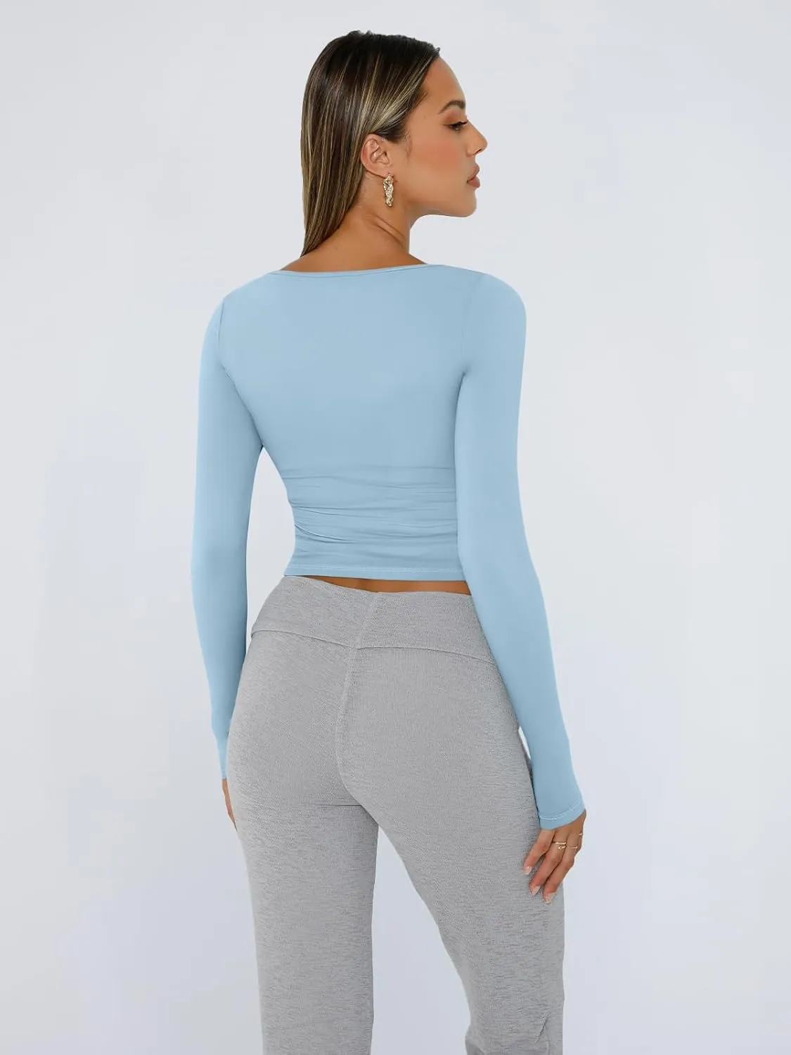 Trendy Queen Womens Long Sleeve Shirts Crop Tops Square Neck Going Out Basics Tees Y2K Winter Clothes 2025