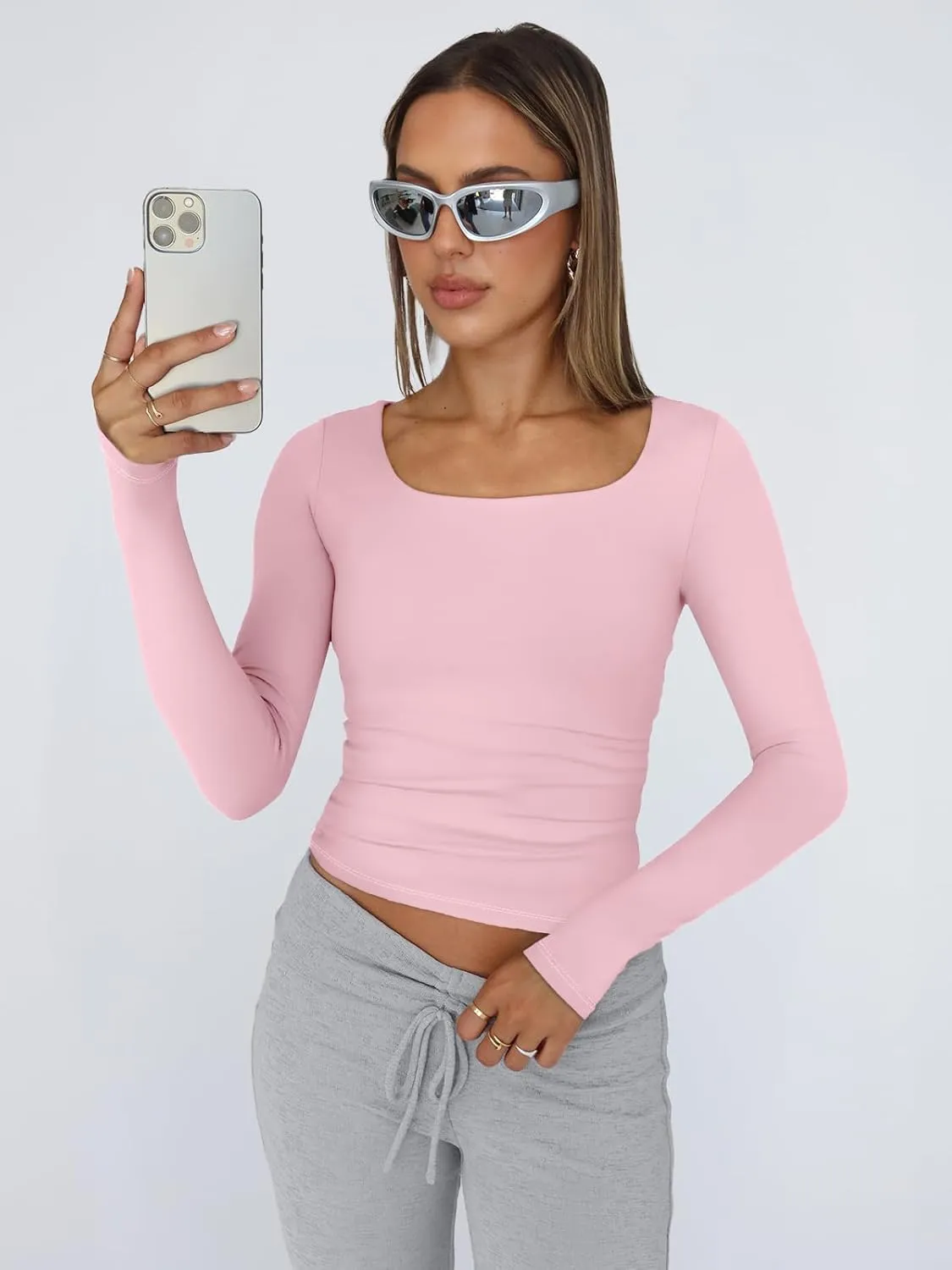 Trendy Queen Womens Long Sleeve Shirts Crop Tops Square Neck Going Out Basics Tees Y2K Winter Clothes 2025