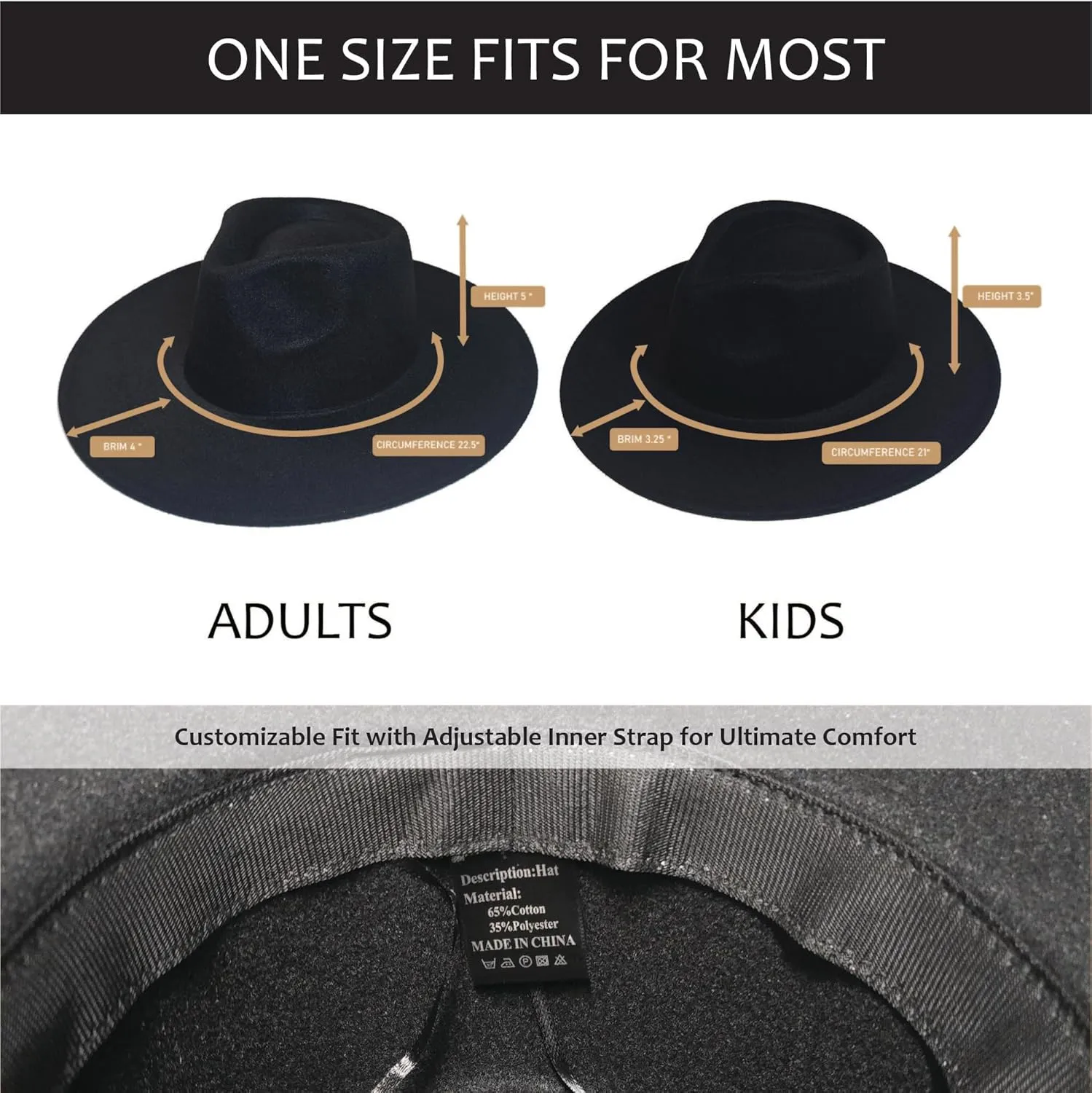 Wide Brim Vegan Felt Rancher Hat - Women, Men, and Kids Fedora Style with Adjustable Inner Drawstring