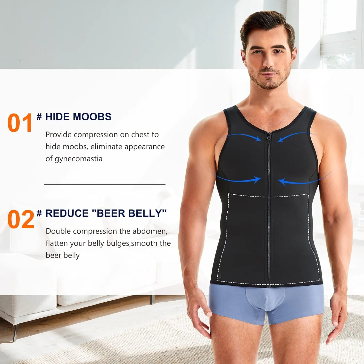 Wonderience Men Shapewear Slimming Body Shaper Compression Shirt Tank top with Zipper Underwear For tummy control